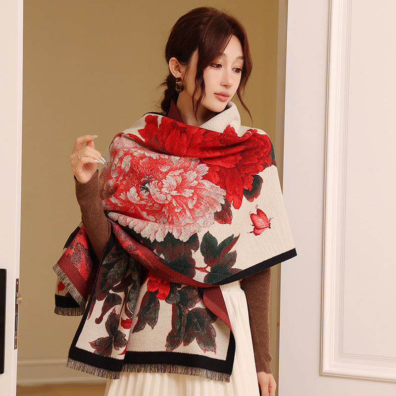 Retro Floral Artificial Cashmere Scarf Women's Thick Warm Scarf