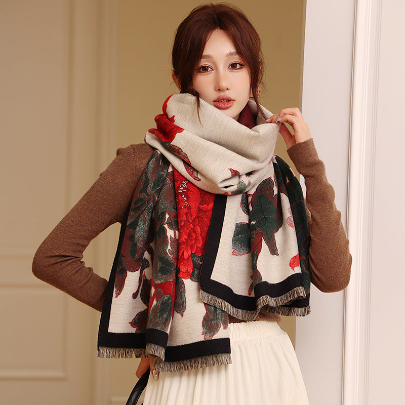 Retro Floral Artificial Cashmere Scarf Women's Thick Warm Scarf