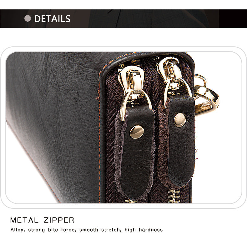 Men's Double Zipper Wallet Long First Layer Cowhide Large-capacity Handbag