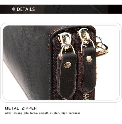 Men's Double Zipper Wallet Long First Layer Cowhide Large-capacity Handbag
